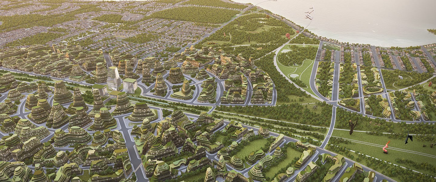 Rendering of The Orbit Condos exterior aerial