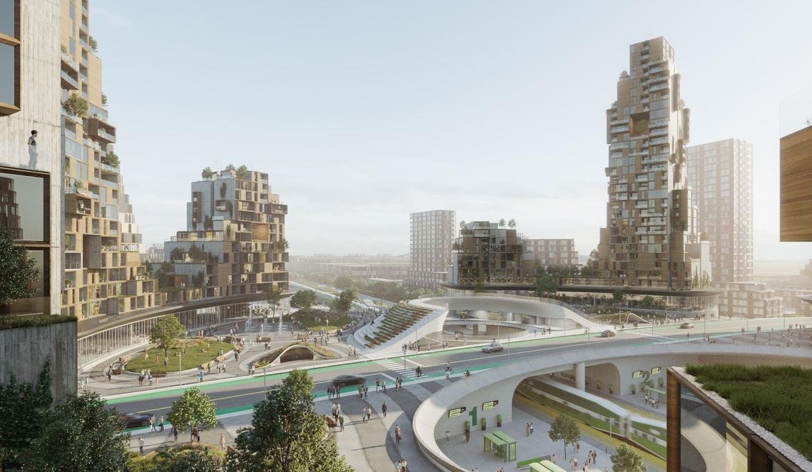 Rendering of The Orbit Condos exterior roadway and transit aerial