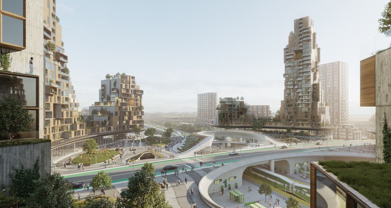 Rendering of The Orbit Condos exterior roadway and transit aerial