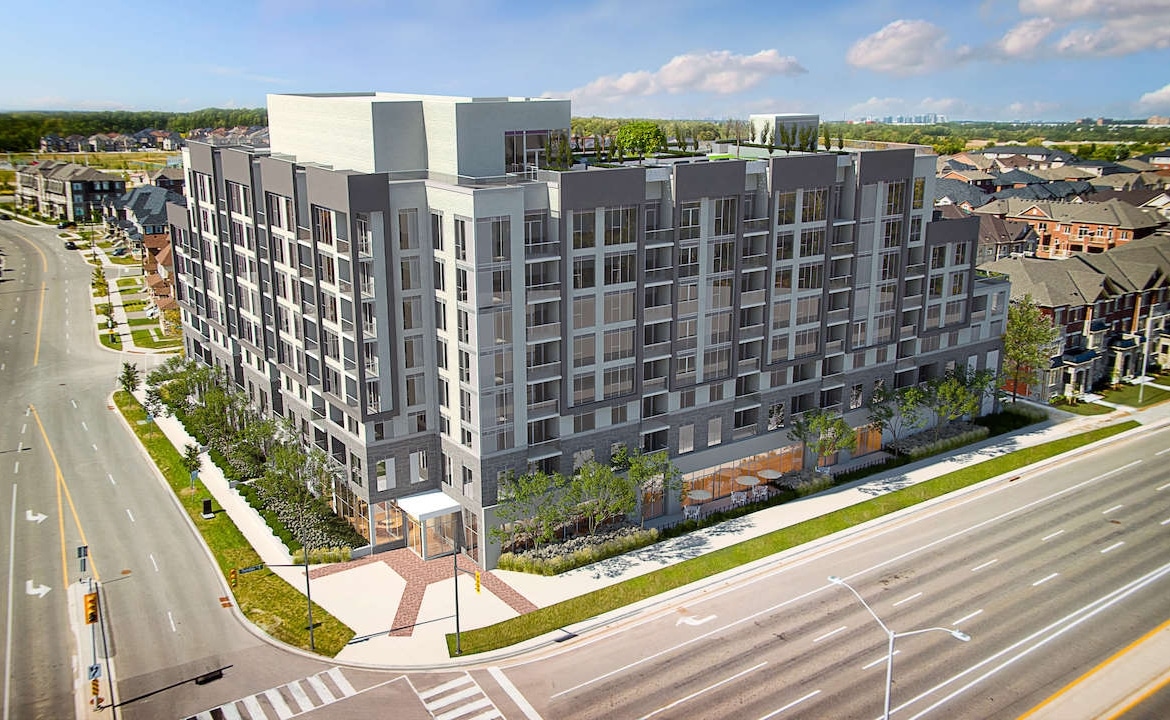 Rendering of The Post Condos exterior day aerial
