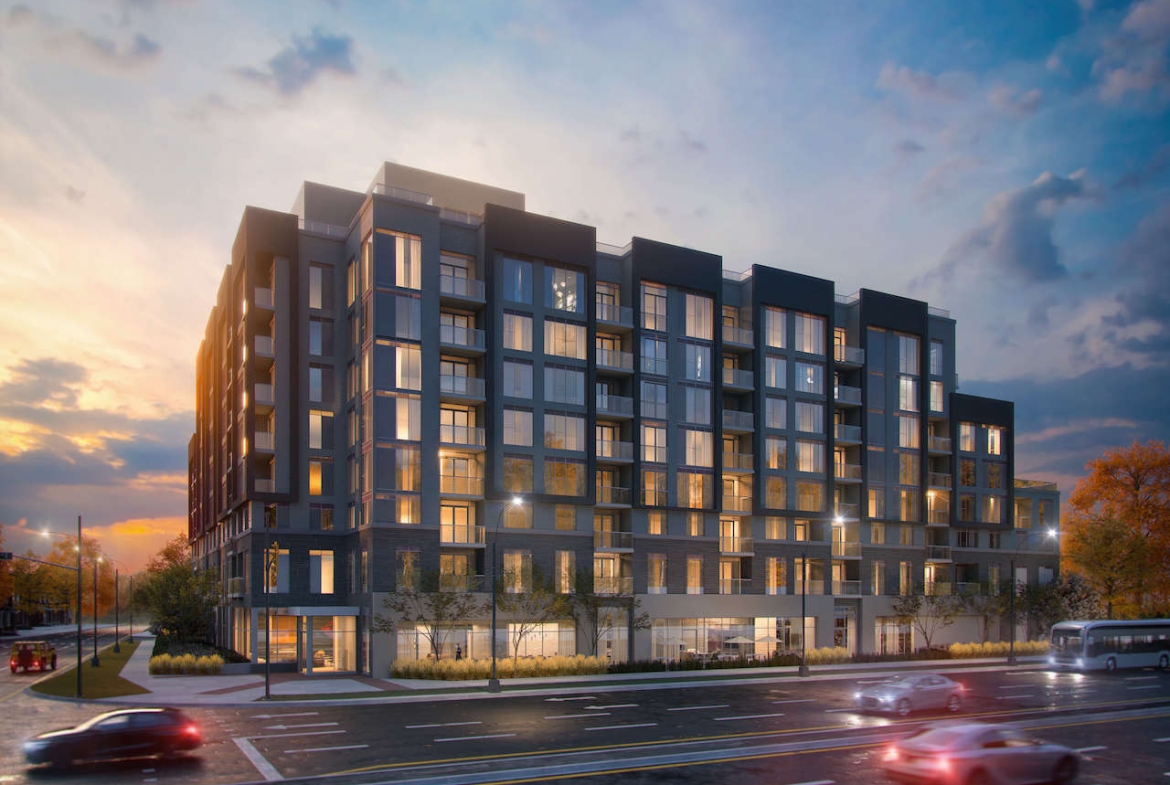 Rendering of The Post Condos exterior view at dusk