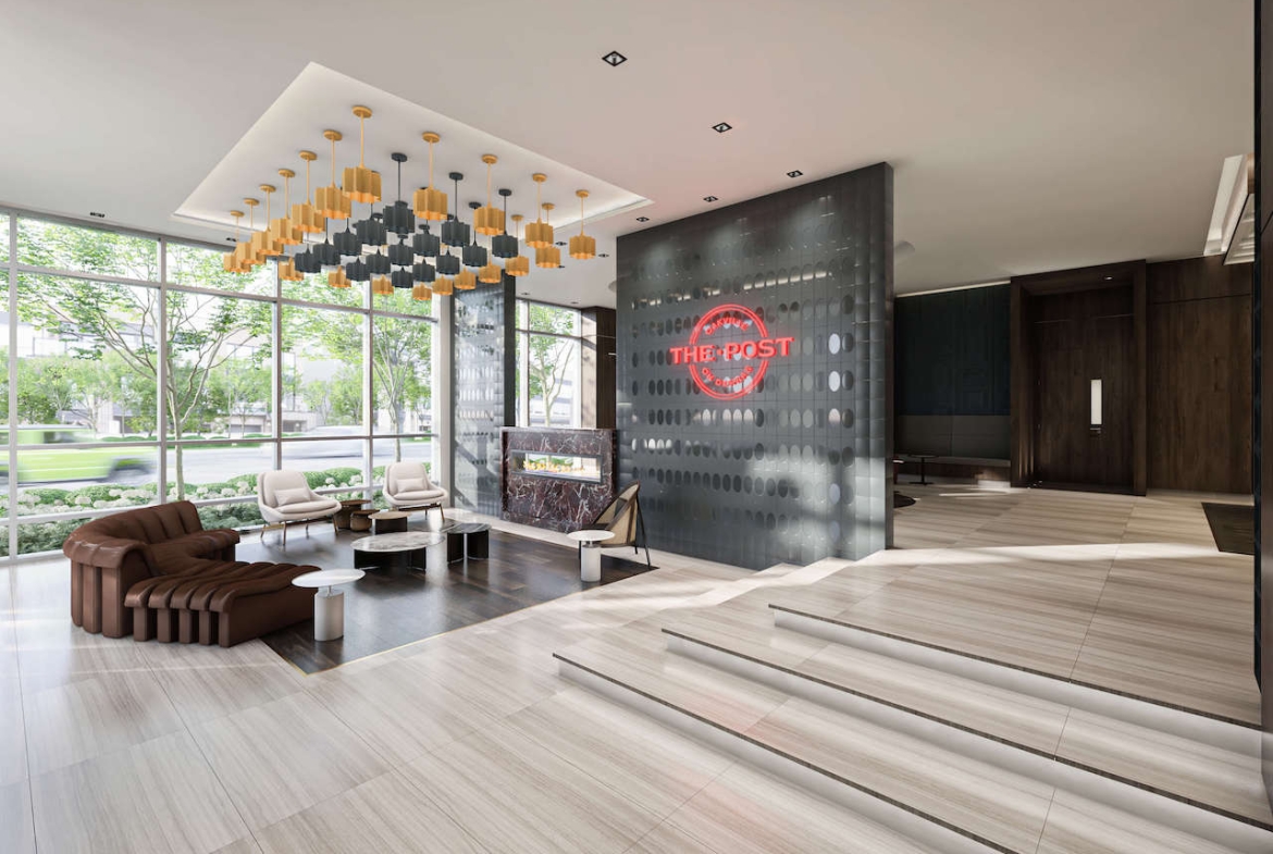 Rendering of The Post Condos lobby with lounge