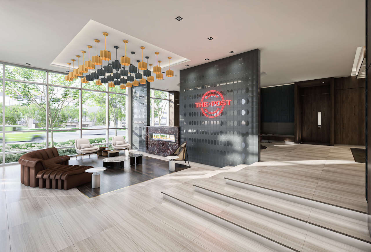 Rendering of The Post Condos lobby with lounge