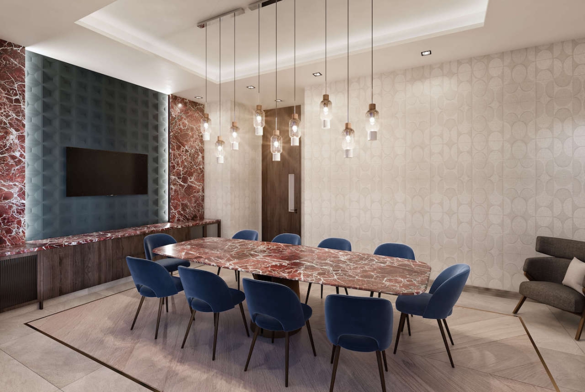 Rendering of The Post Condos party room with dining area