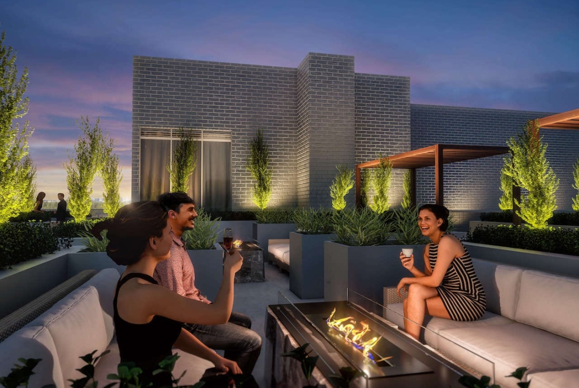 Rendering of The Post Condos rooftop terrace at night