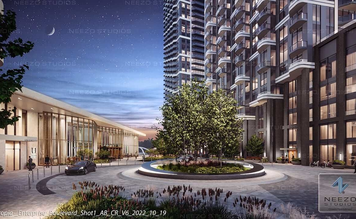 Rendering of Union City Condos courtyard at night