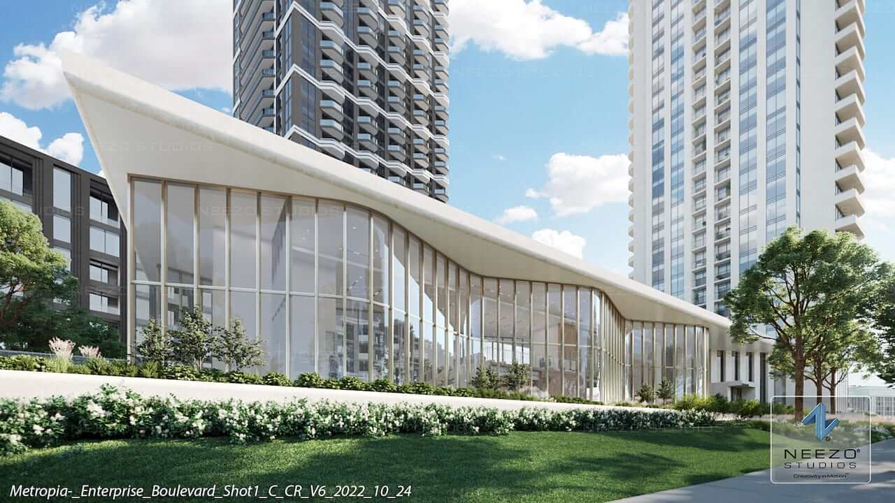 Rendering of Union City Condos exterior podium