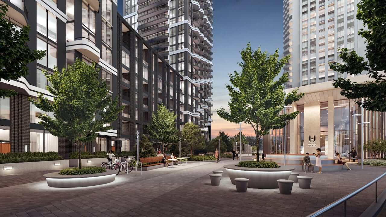 Rendering of Union City Condos courtyard in the evening