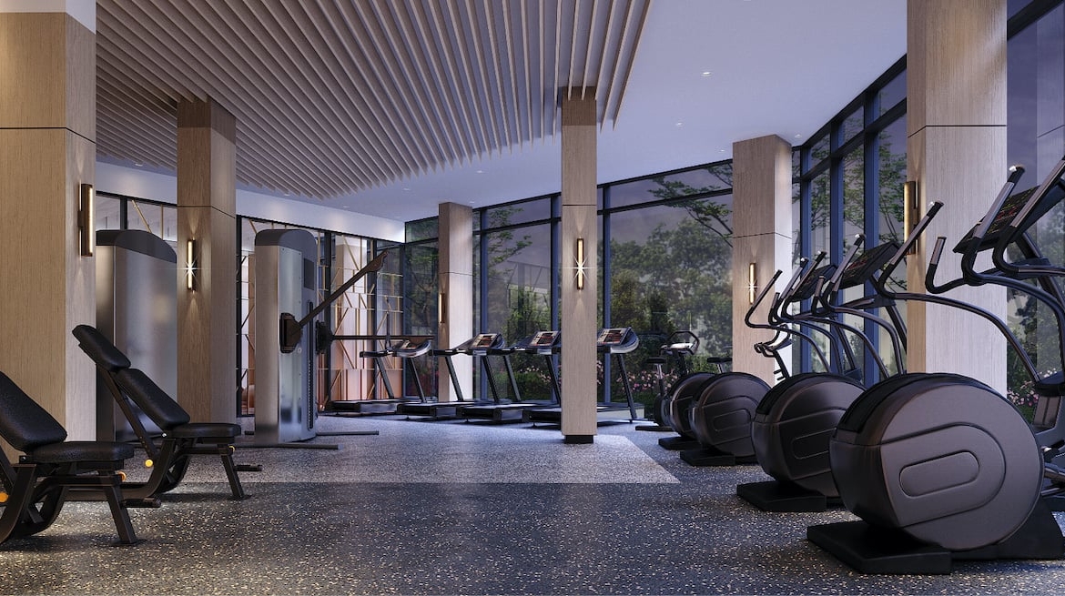 Rendering of Westerly Condos fitness centre in the evening