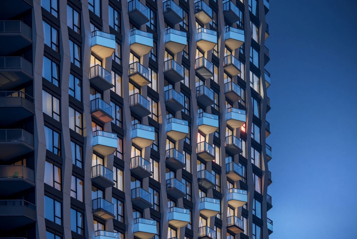 Rendering of Westerly 2 Condos exterior siding detail at night