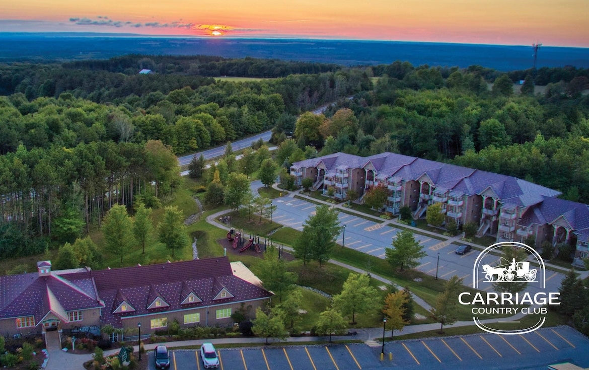 Aerial of Carriage Ridge Resort at Horseshoe Valley in the evening