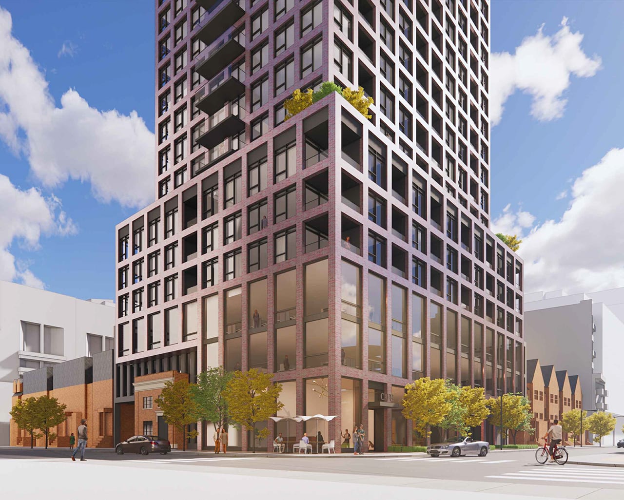 Rendering of 18 Portland Condos exterior podium and street view