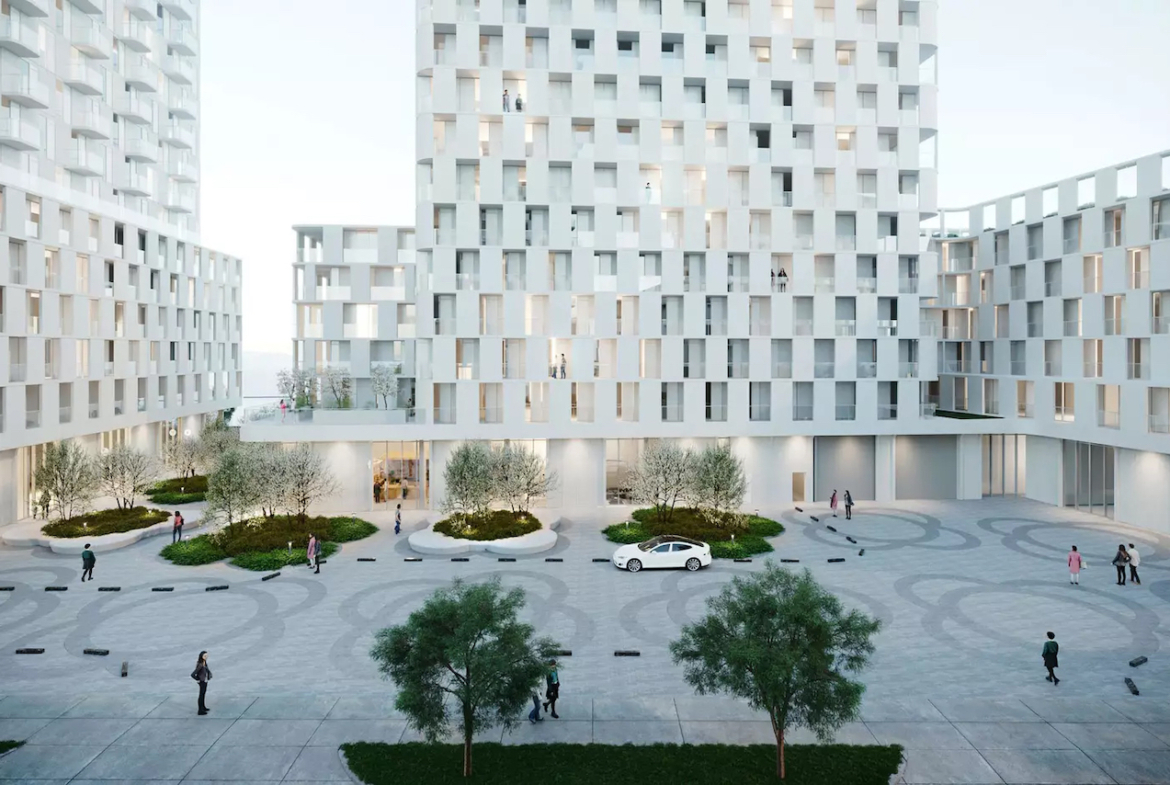 Rendering of 2450 Victoria Park exterior courtyard aerial