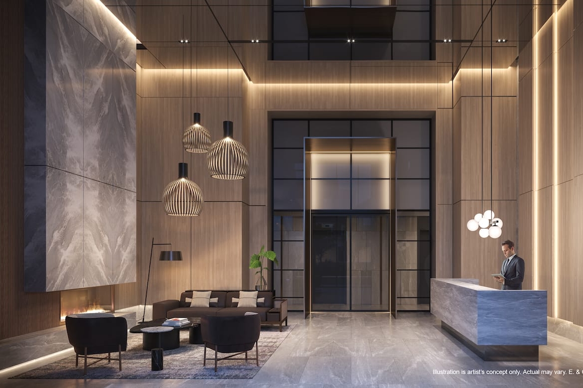 Rendering of 252 Church Condos lobby at night