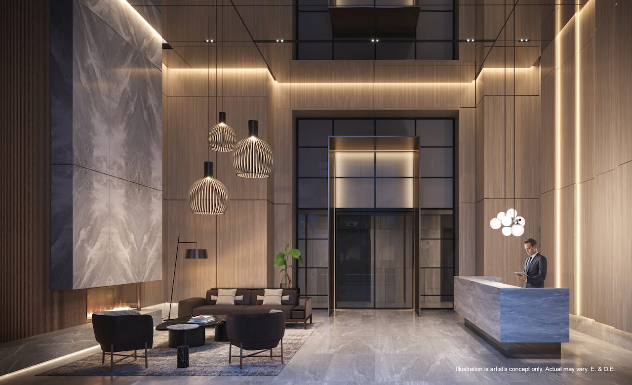 Rendering of 252 Church Condos lobby at night
