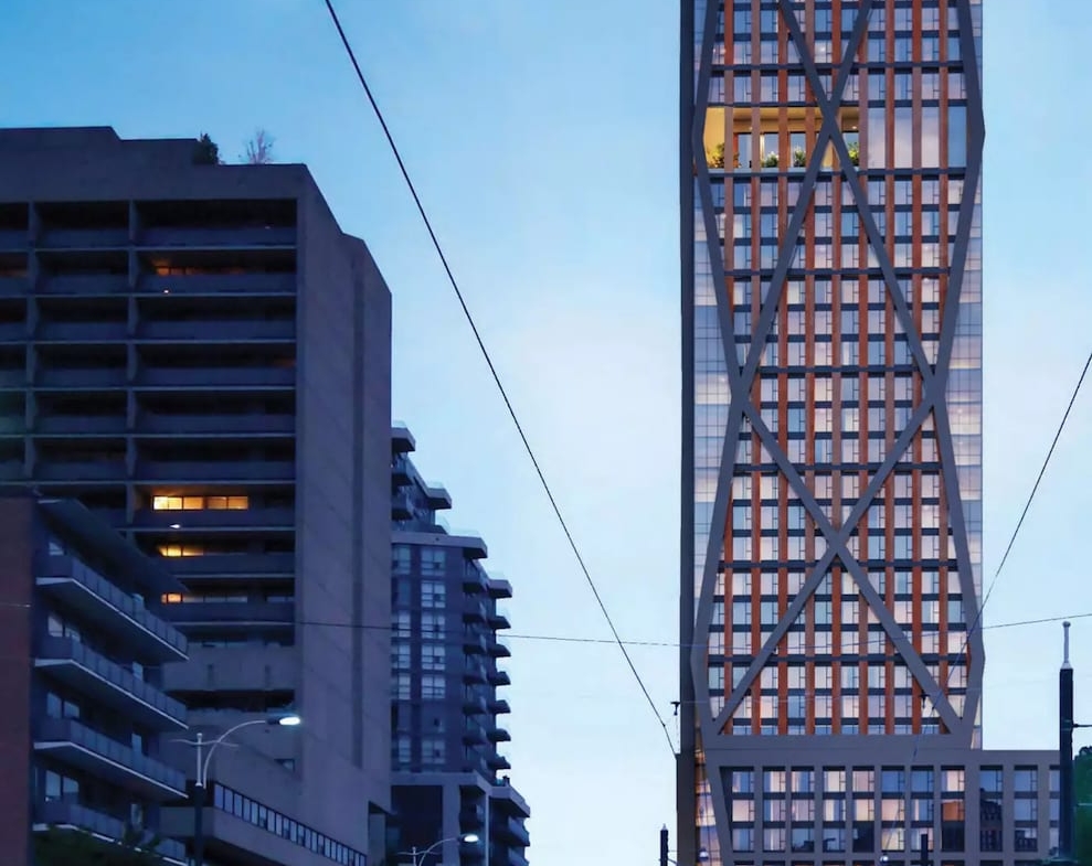 Full view exterior rendering of 328 Bloor West Condos in the evening