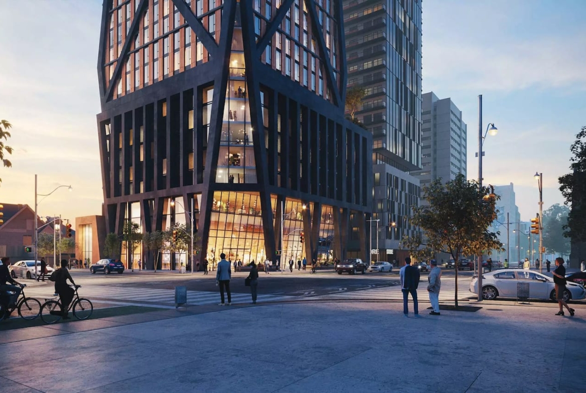 Lower view with streetscape exterior rendering of 328 Bloor West Condos in the evening