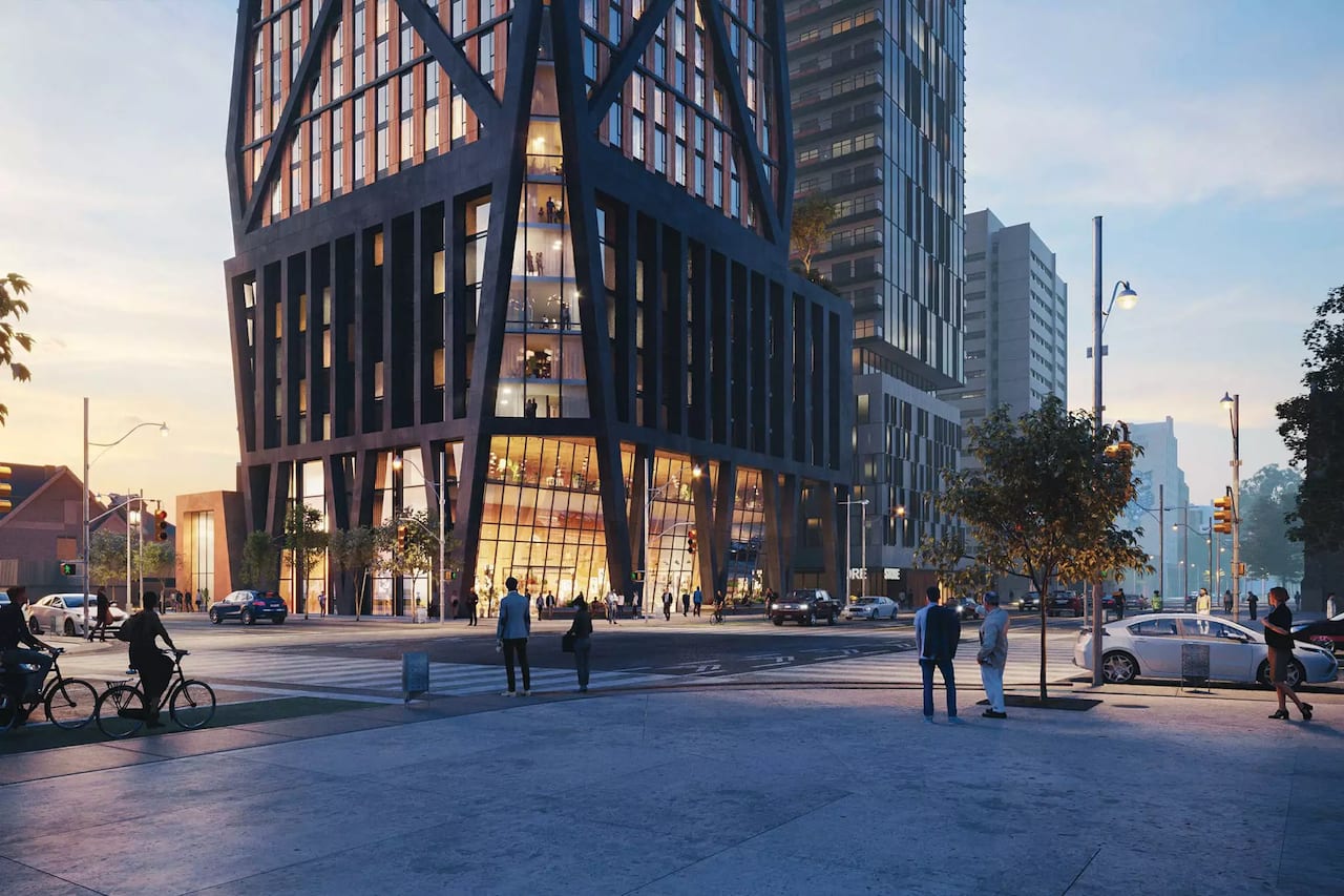 Lower view with streetscape exterior rendering of 328 Bloor West Condos in the evening
