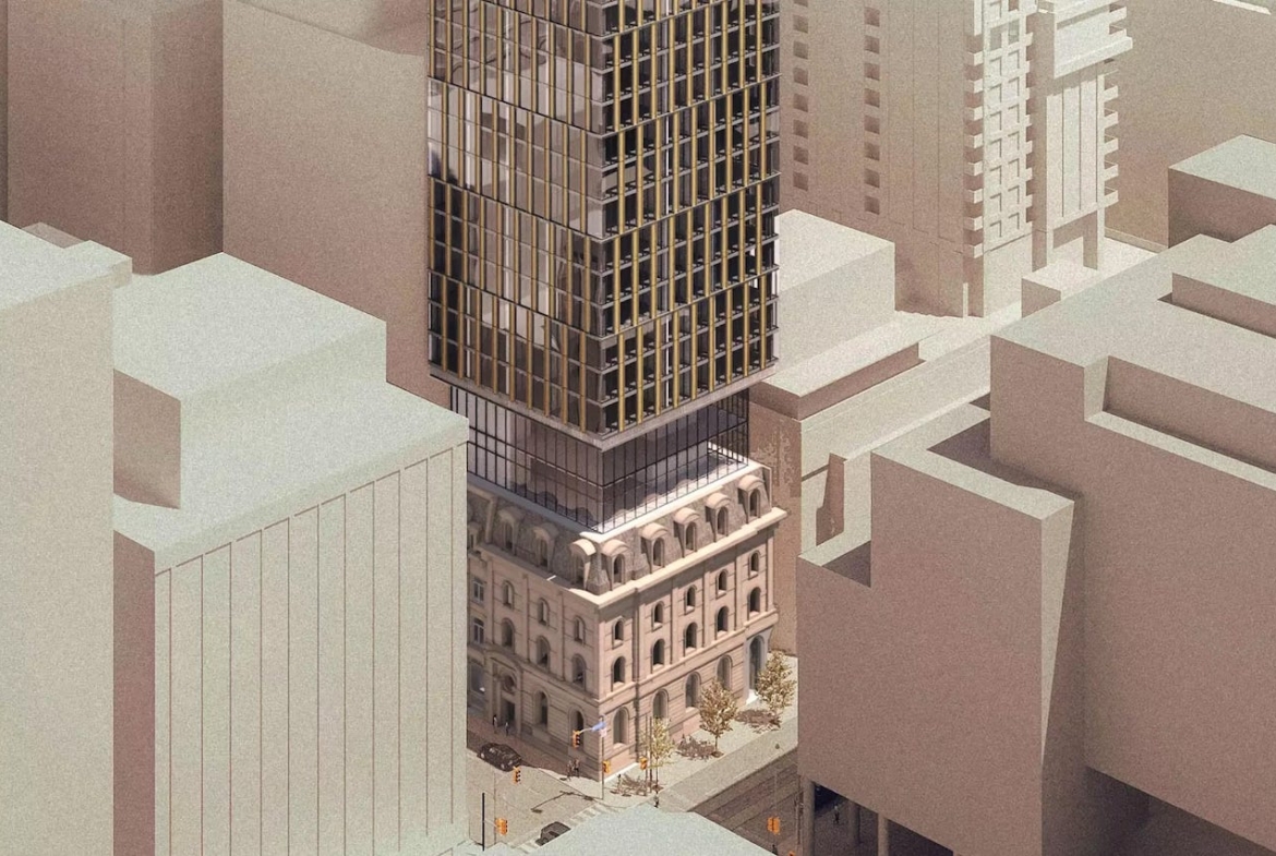 Rendering of 49 Yonge Condos exterior side view aerial