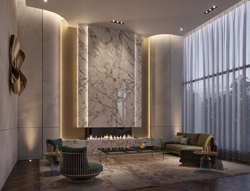 Rendering of 908 St. Clair lobby lounge with seating and fireplace feature