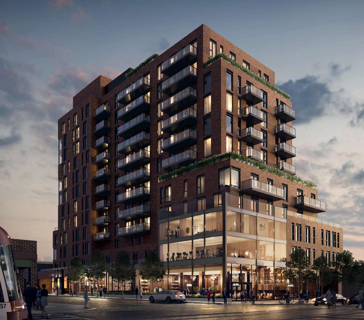Rendering of 908 St. Clair condos exterior at dusk