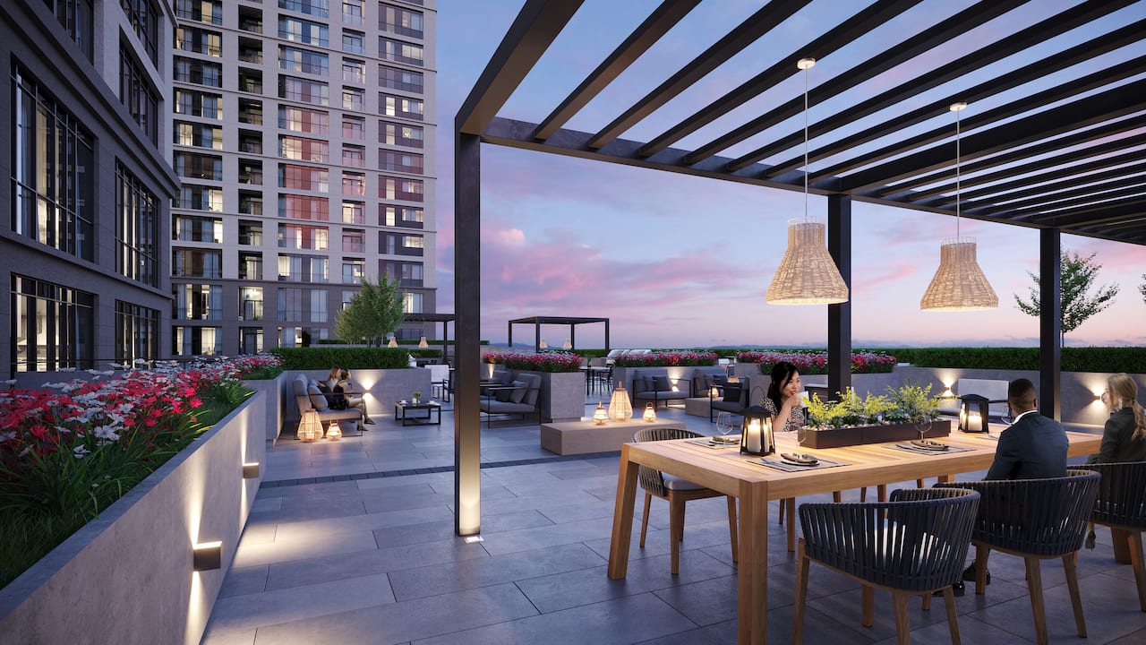 Rendering of Bristol Place Condos terrace at night