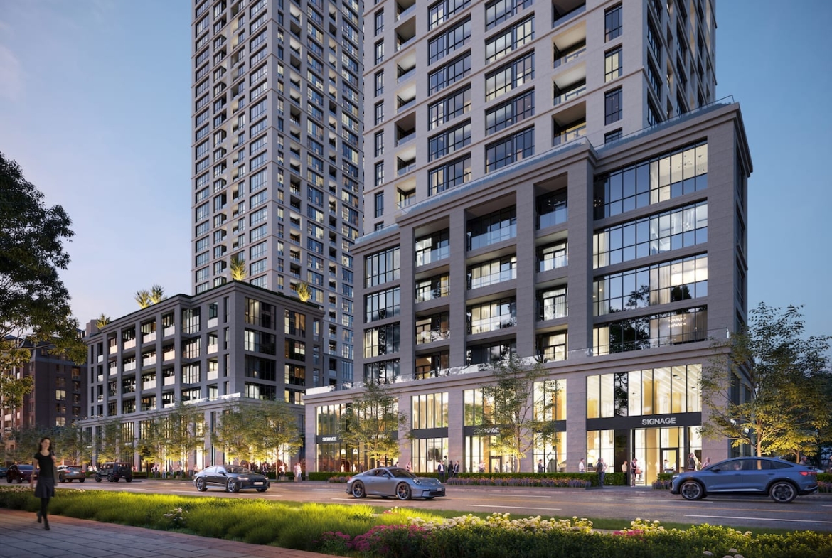 Rendering of Bristol Place Condos streetscape at night