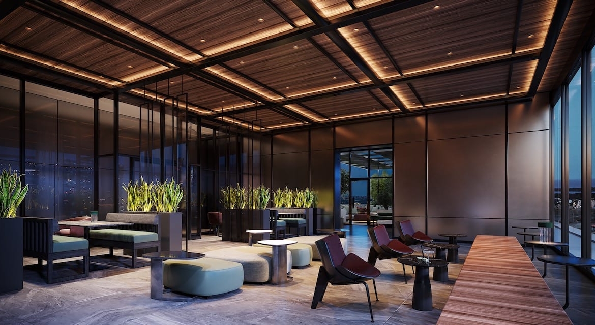Rendering of Celeste Condos sky lounge at night