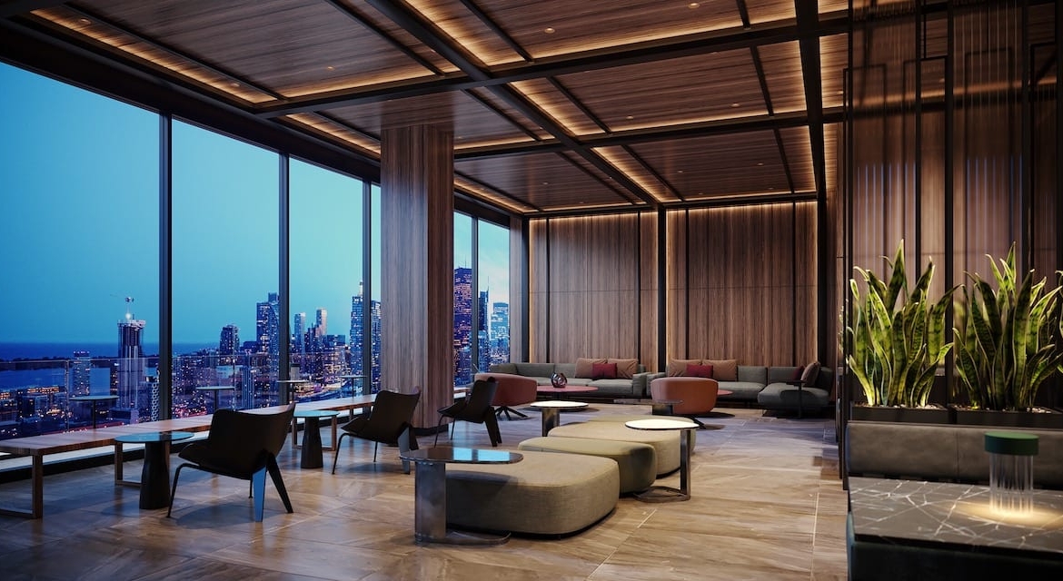 Rendering of Celeste Condos sky lounge at dusk