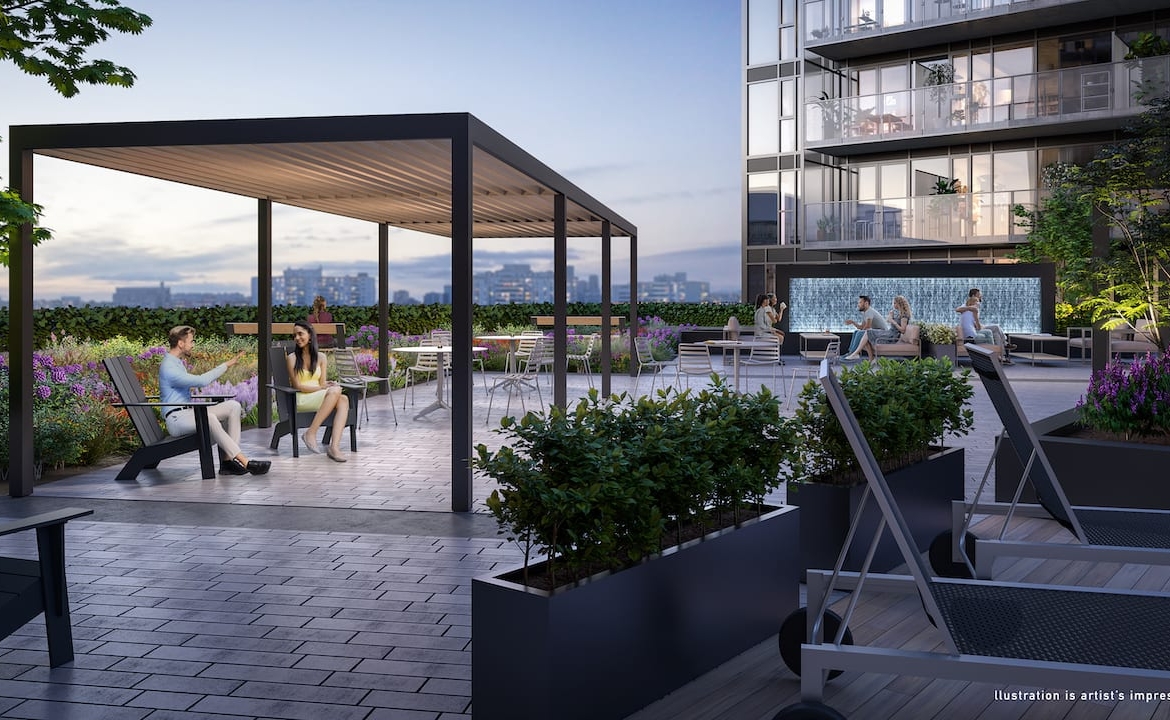 Rendering of Express 2 Condos sky lounge at night