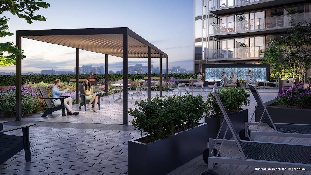 Rendering of Express 2 Condos sky lounge at night