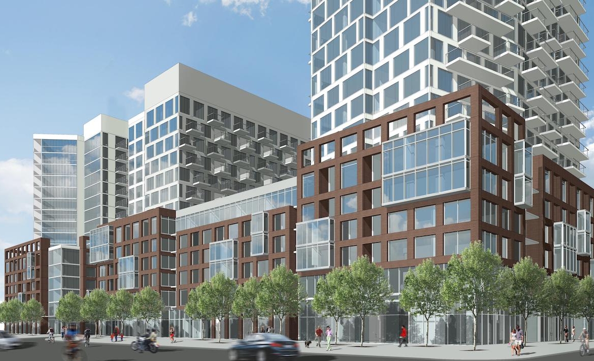 Rendering of Express 2 Condos condo community towers angled-view
