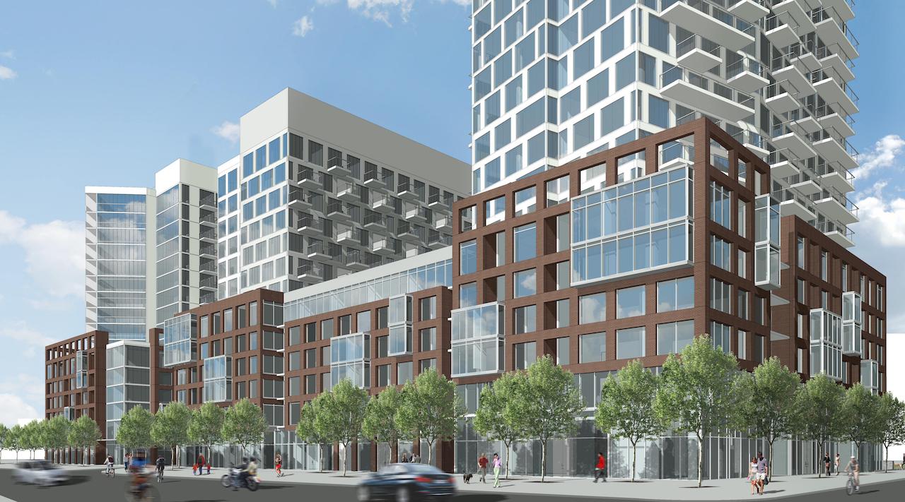 Rendering of Express 2 Condos condo community towers angled-view
