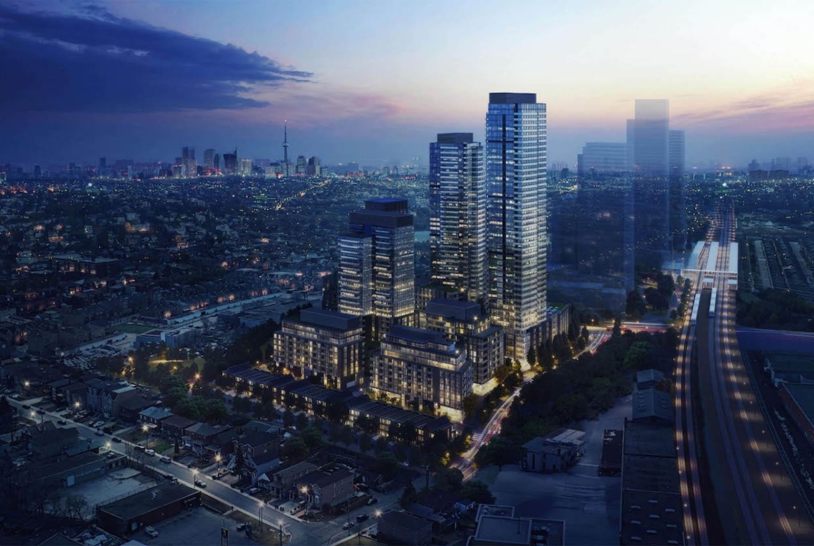 Rendering of Starklands Condos and Towns exterior at night
