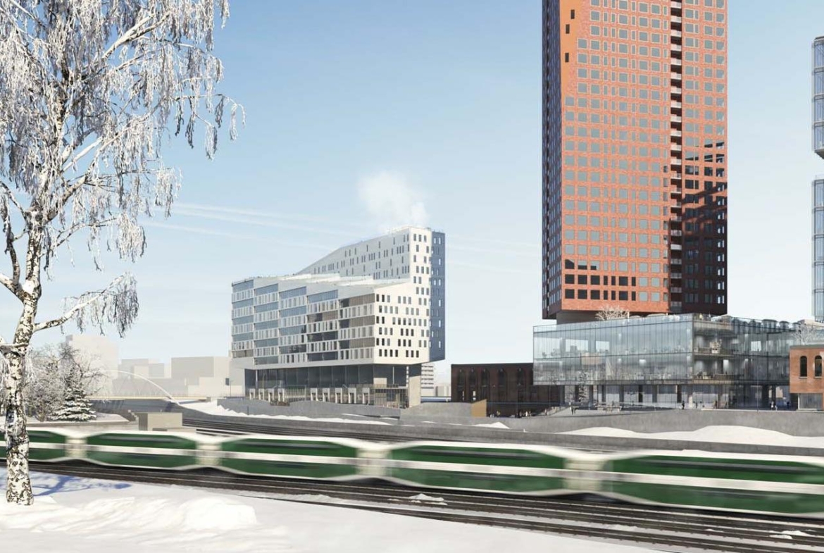 Rendering of 2 Tecumseth Condos tower with go train going by