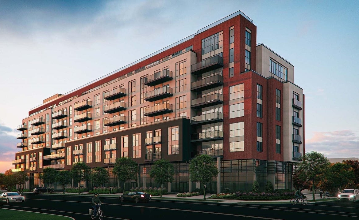 Rendering of Louie Condos exterior at dusk