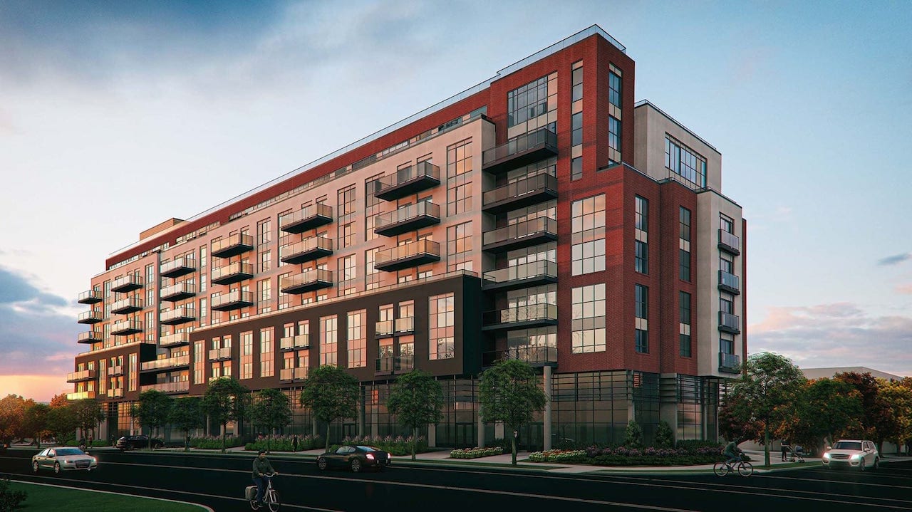 Rendering of Louie Condos exterior at dusk