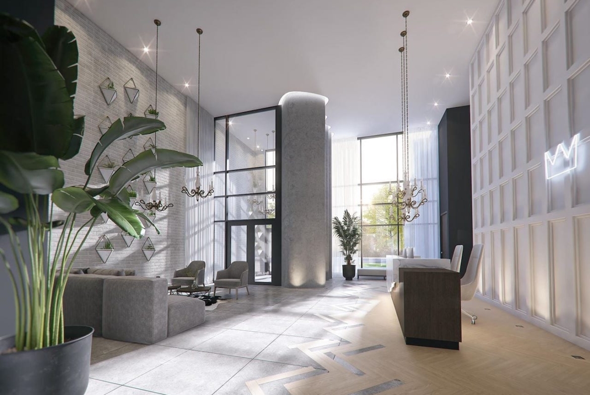 Rendering of Louie Condos lobby with concierge