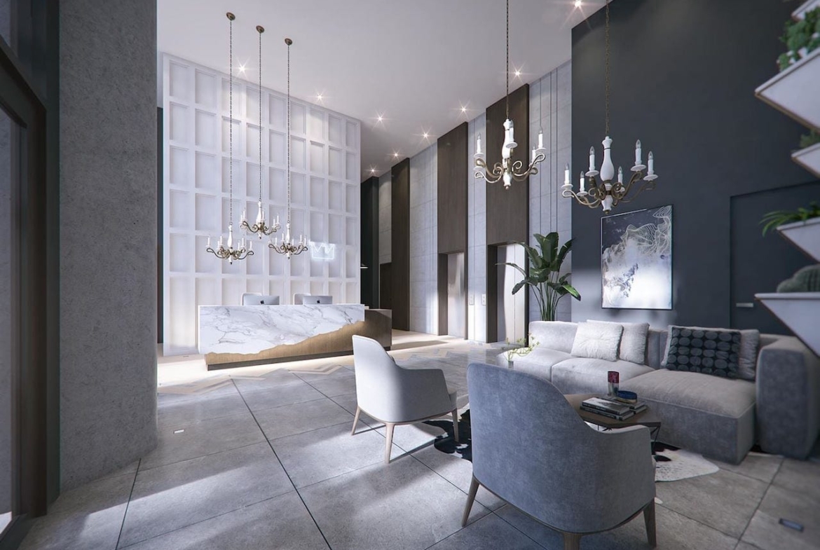 Rendering of Louie Condos lobby seating