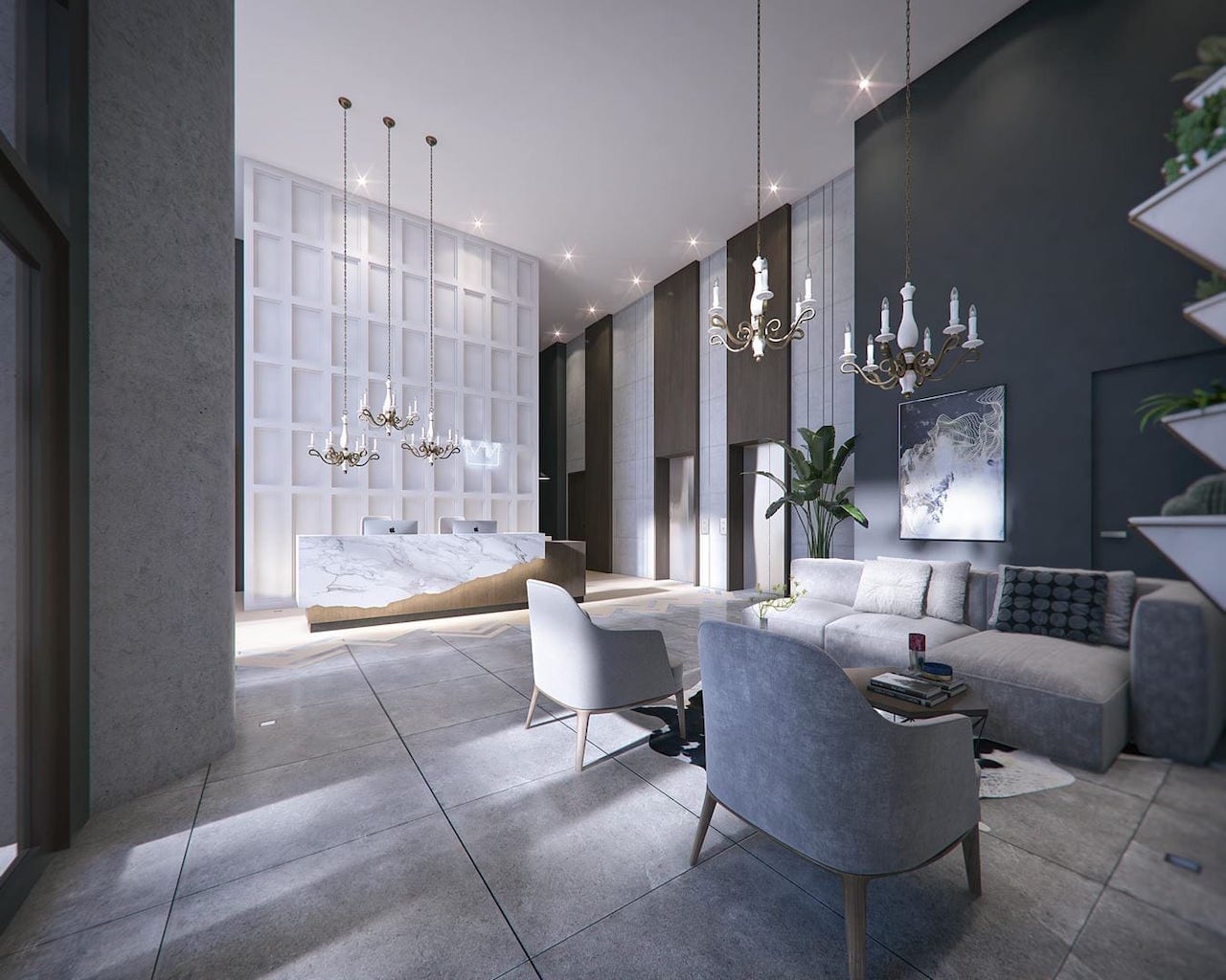 Rendering of Louie Condos lobby seating