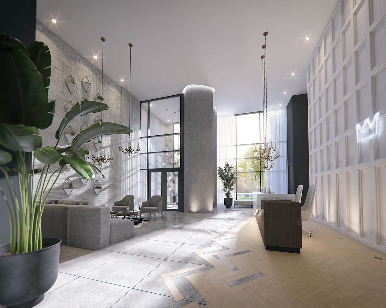 Rendering of Louie Condos lobby with concierge