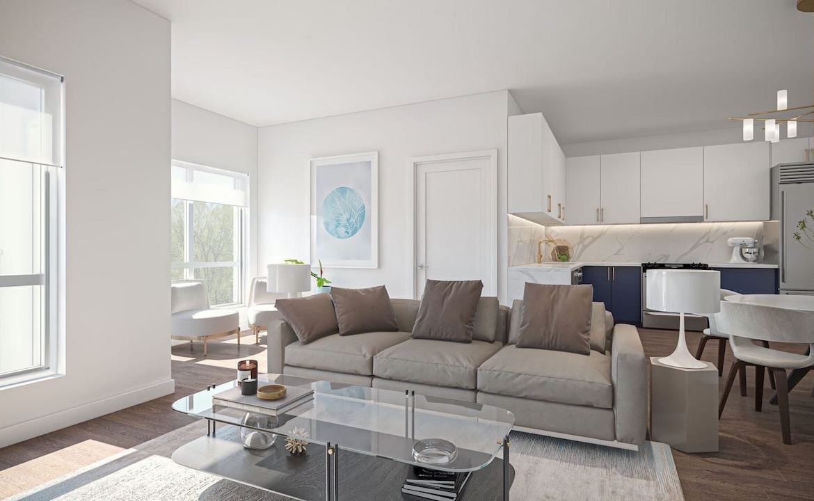 Rendering of Louie Condos suite open-concept living room