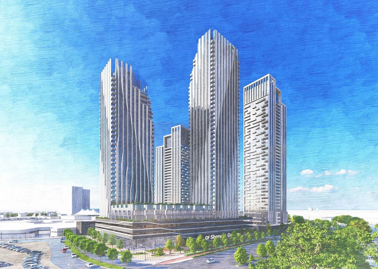 Rendering of 25 The West Mall Condos exterior full view 4 towers
