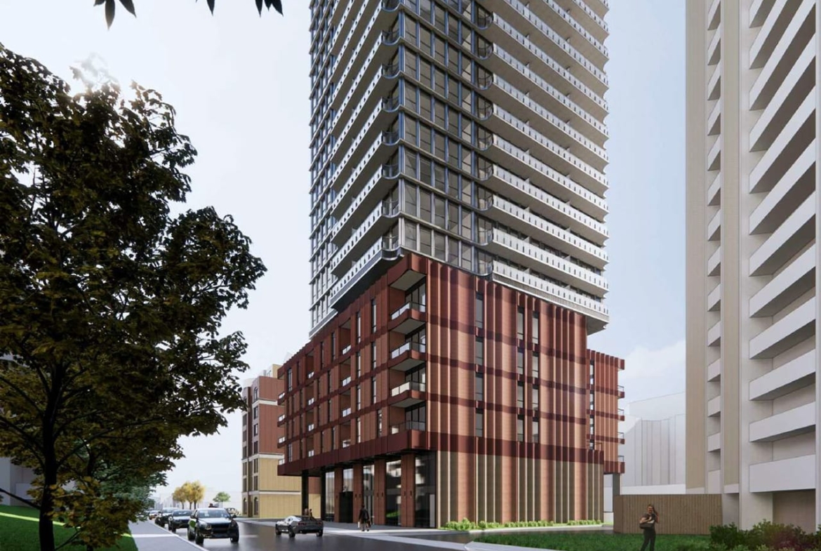 Rendering of 289 Balliol Condos exterior bottom half and street view
