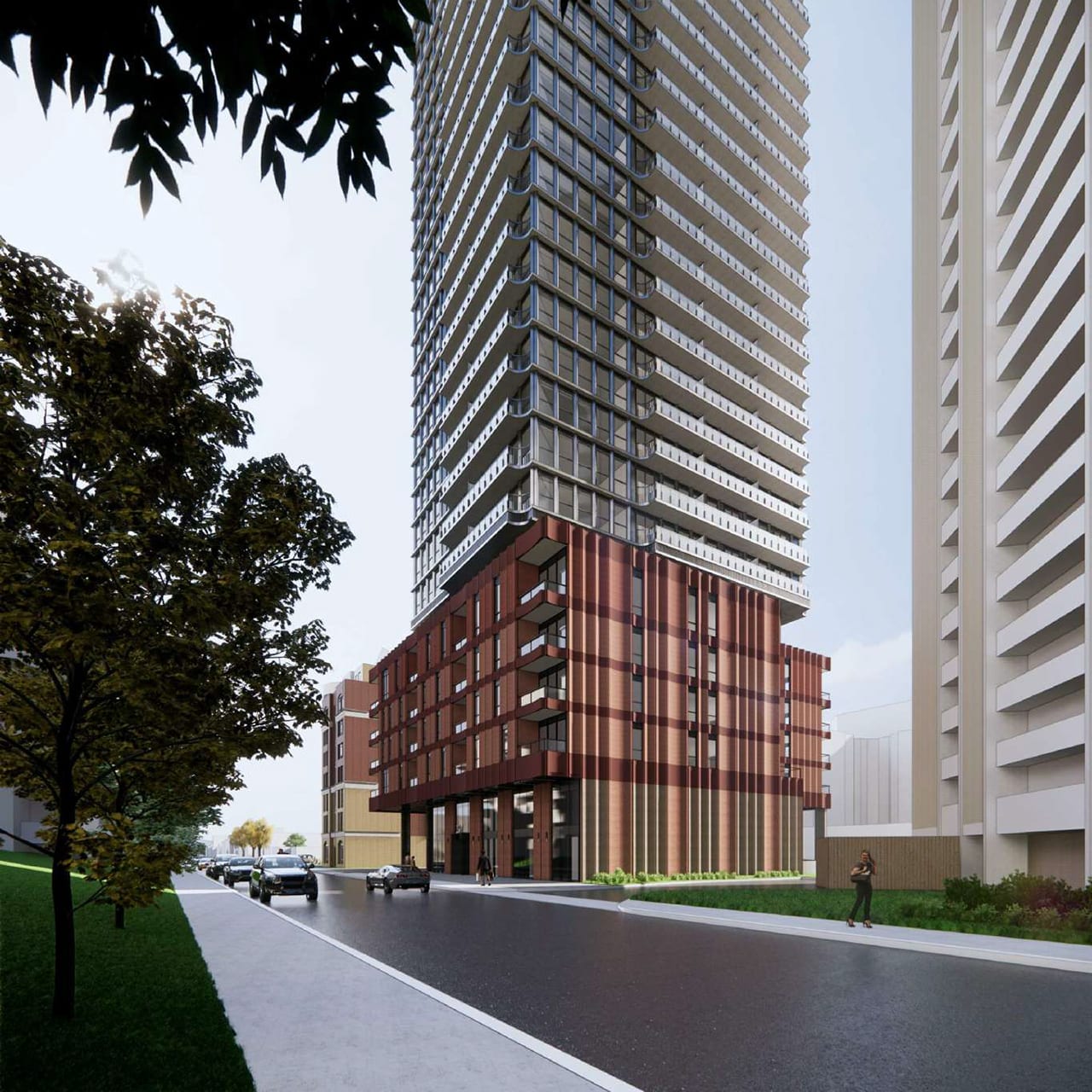 Rendering of 289 Balliol Condos exterior bottom half and street view