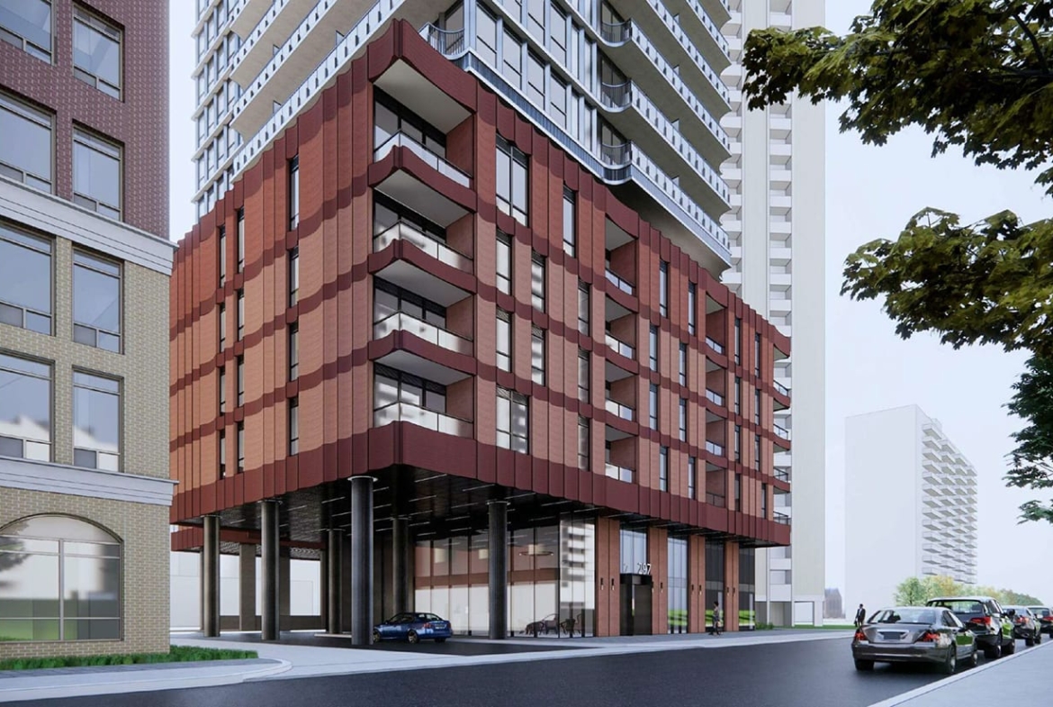 Rendering of 289 Balliol Condos exterior podium view