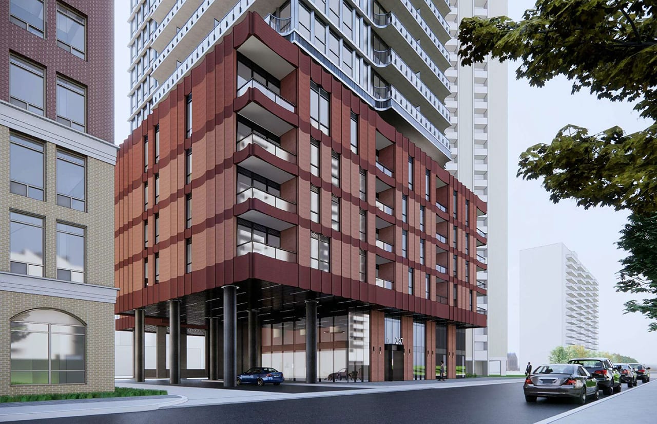 Rendering of 289 Balliol Condos exterior podium view