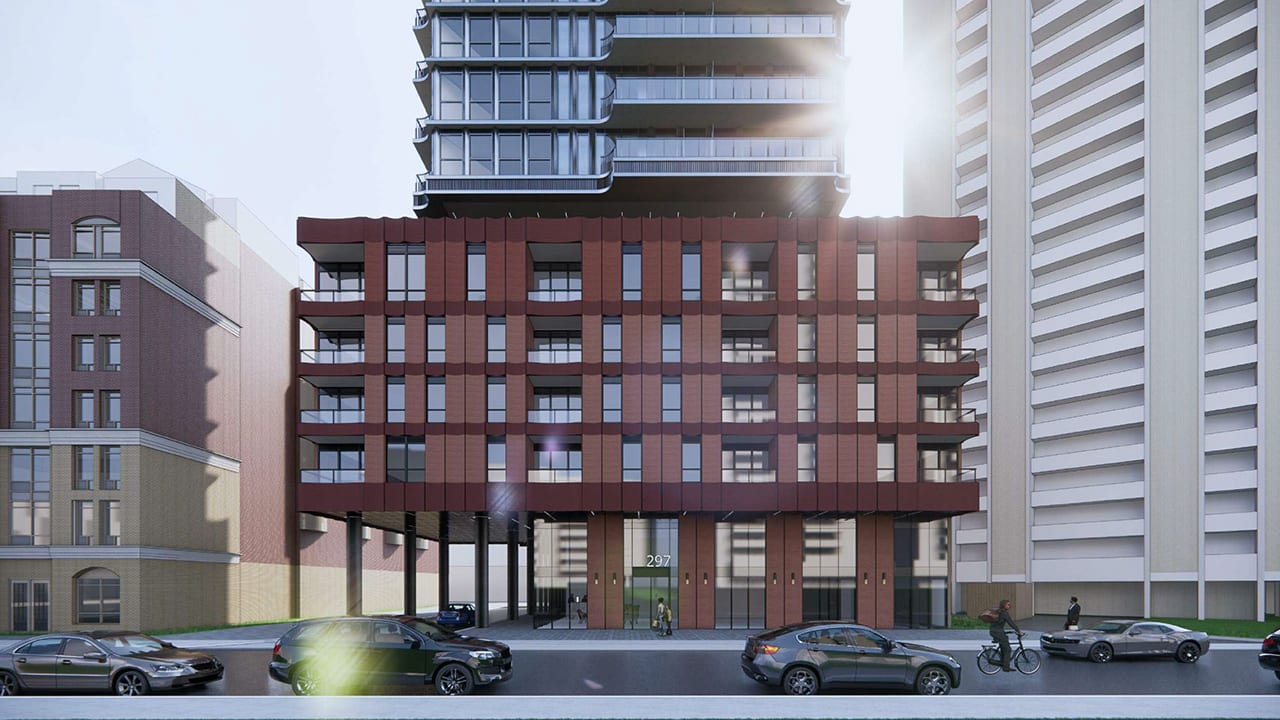 Rendering of 289 Balliol Condos exterior podium front-facing view and streetscape