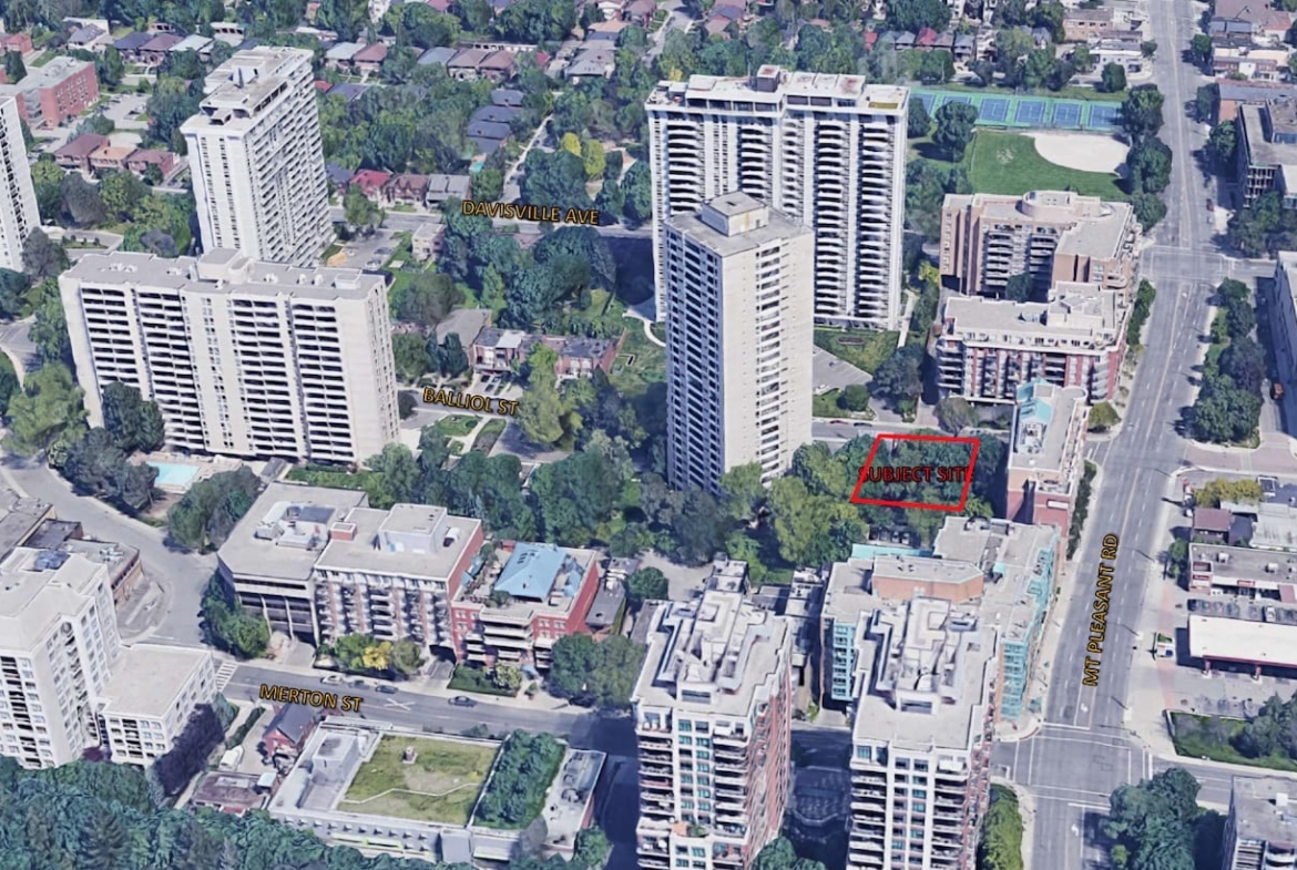 Rendering of 289 Balliol Condos aerial with project site outlined in red