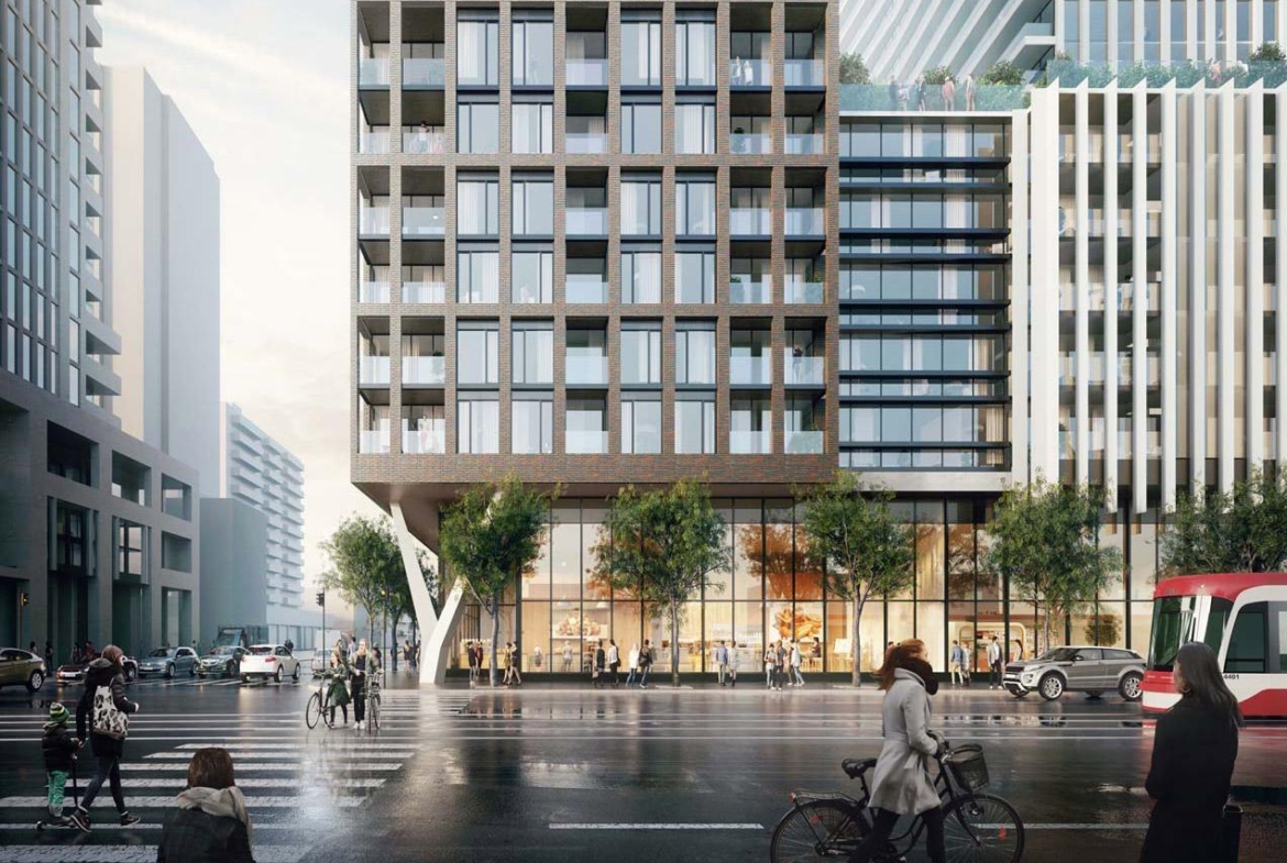 Rendering of 490 St. Clair Condos streetscape rainy day